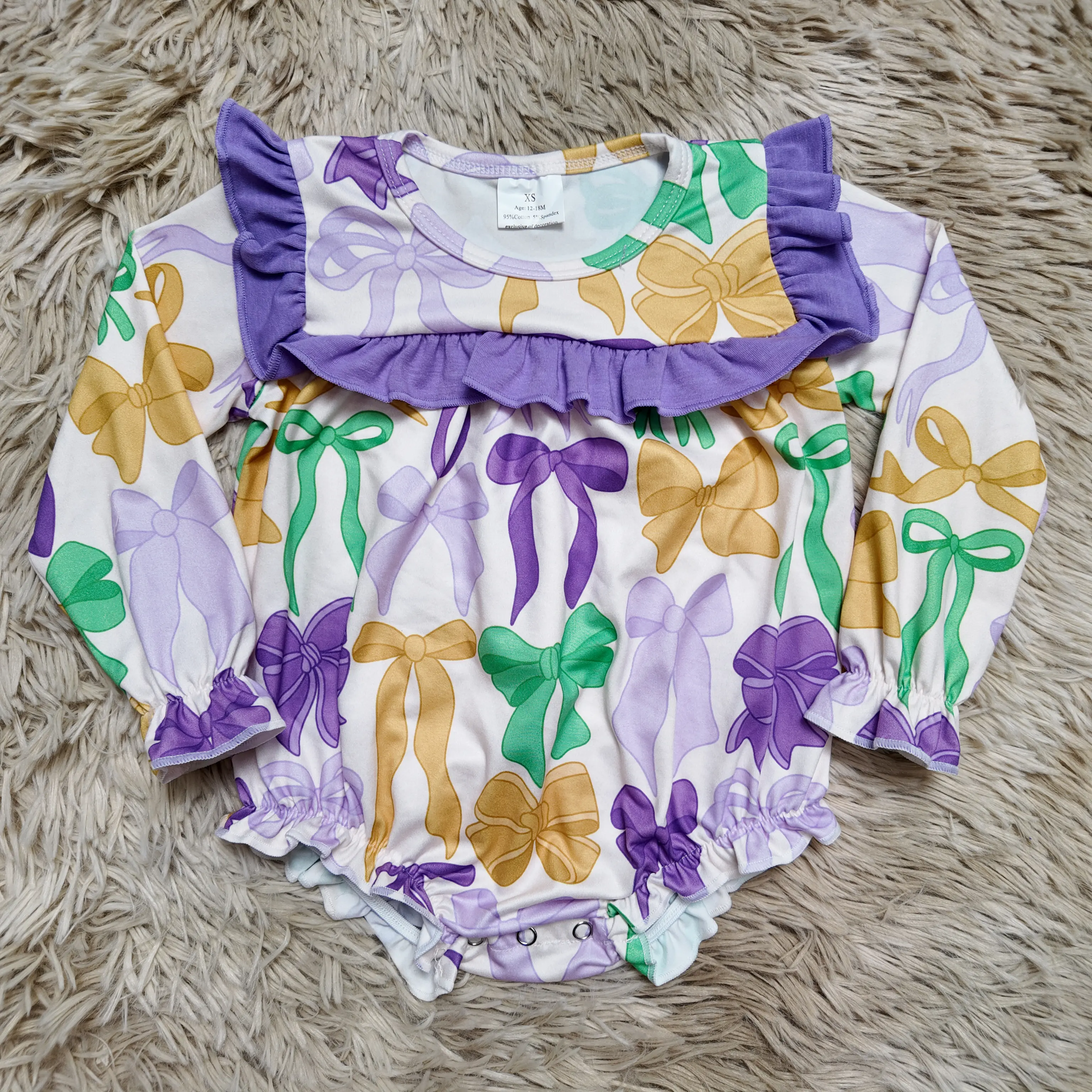 Baby Girls' Long Sleeve Bubble Romper - Mardi Gras Color Block Bodysuit Outfit with Ruffles, Bows, Baby Girls Bodysuits & 1-Pieces Clothing, Baby Girls Bodysuits & One-Pieces