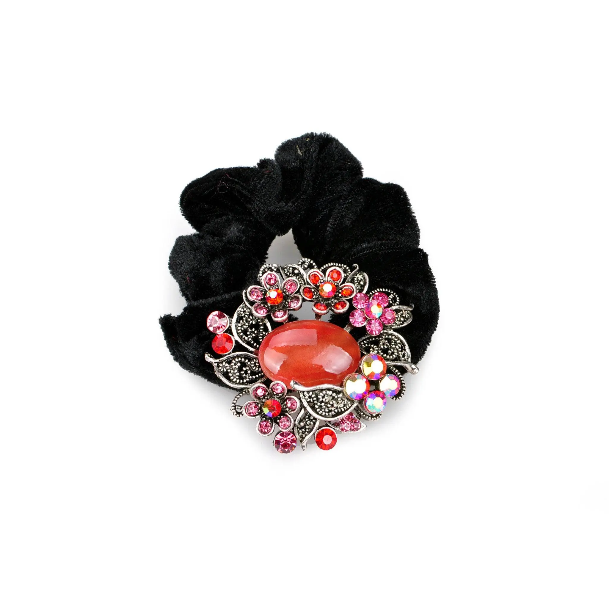 Wreath design pony tail holder with translucent beads and crystals - Red