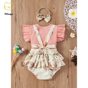 Toddler Baby Flower Printing Three-pieces Set, Infant Girl´s O-neck Flying Sleeve Tops + Suspender Shorts + Headband Set