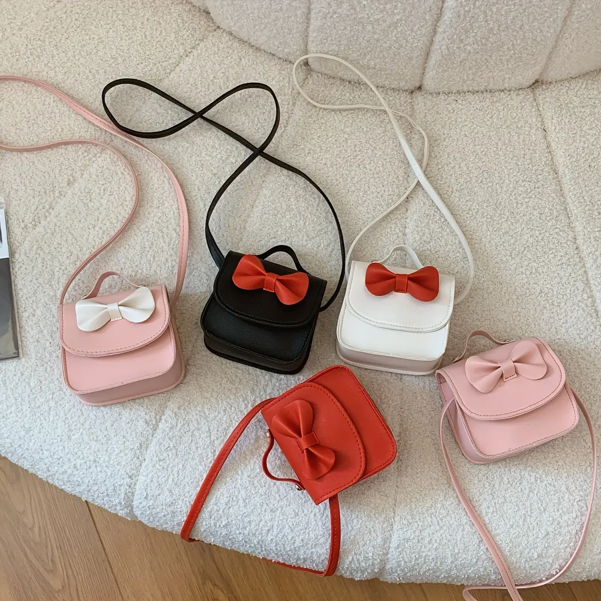 Girls' Small Lightweight PU Leather Square Crossbody Shoulder Bag - Chic Bow-Accented Casual All Seasons Kids' Fashion Accessory Handbag Childrens Bag