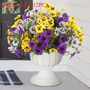 12pcs Mixed Violet, Yellow, And White Pansy Artificial Flowers | Ideal For Home Garden, Balcony, And Porch Decor, Plastic, No Needed, No Container Included
