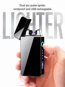 Dual-arc plasma lighter with LED battery indicator and case; rechargeable, windproof, flameless electric lighter suitable for outdoor camping and hiking.