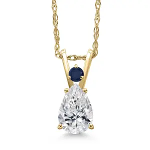 14K Yellow Gold DEF Lab Grown Diamond and Blue Sapphire Pendant Necklace for Women | 0.55 Cttw | Gemstone April Birthstone | Pear Shape 7X5MM | With 18 Inch Chain