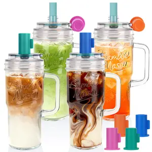 ANOTION 24oz Glass Tumblers with Handle Set of 2/4 with Lids & Straws  Durable Reusable Leak-Proof Travel-Ready for Iced Coffee Smoothies Juice Cocktails Washable Stylish Drinkware