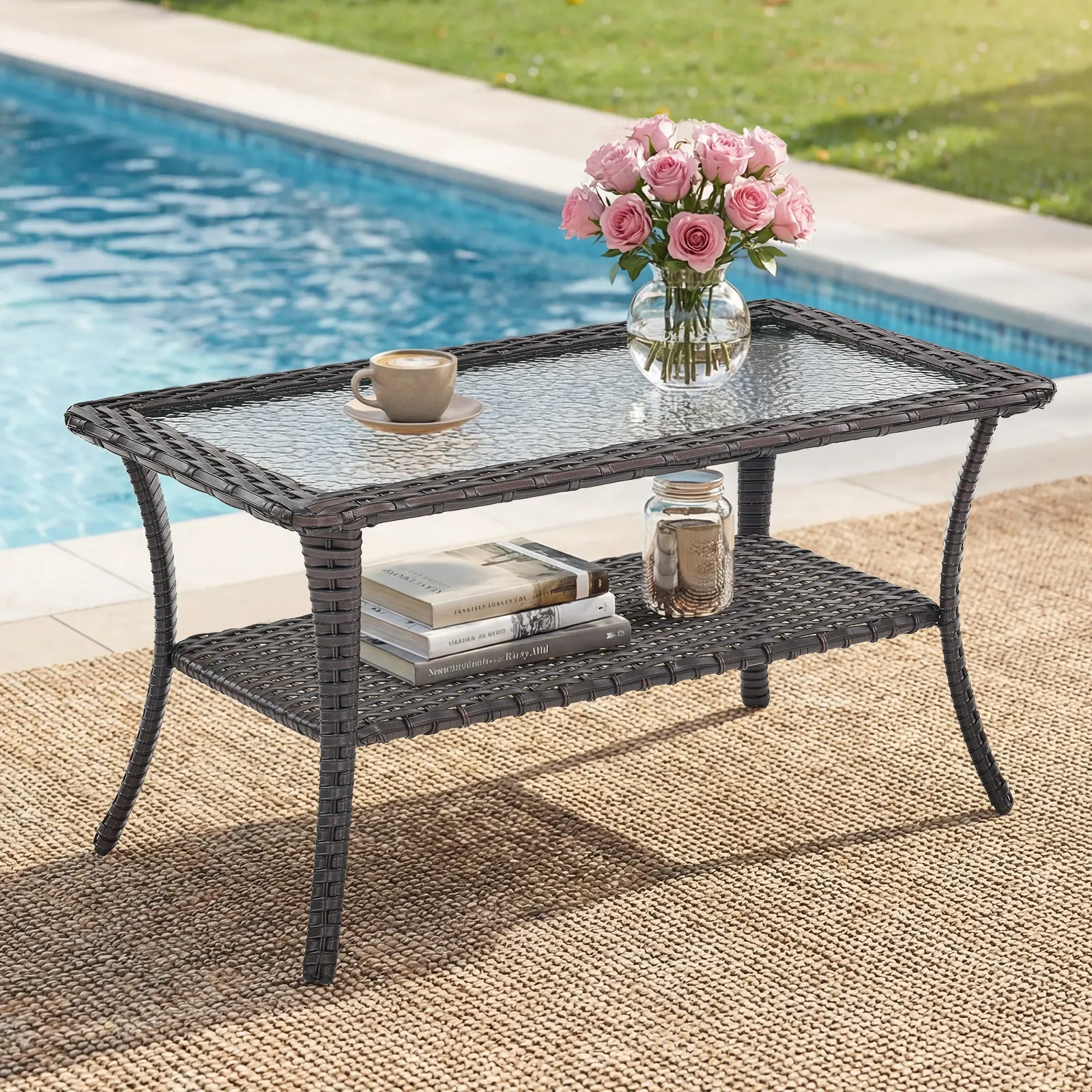 Belord 40" Outdoor Wicker Coffee Table - Tempered Glass Top, Built-In Storage, Weather-Resistant Outdoor Furniture Table, NTC Series