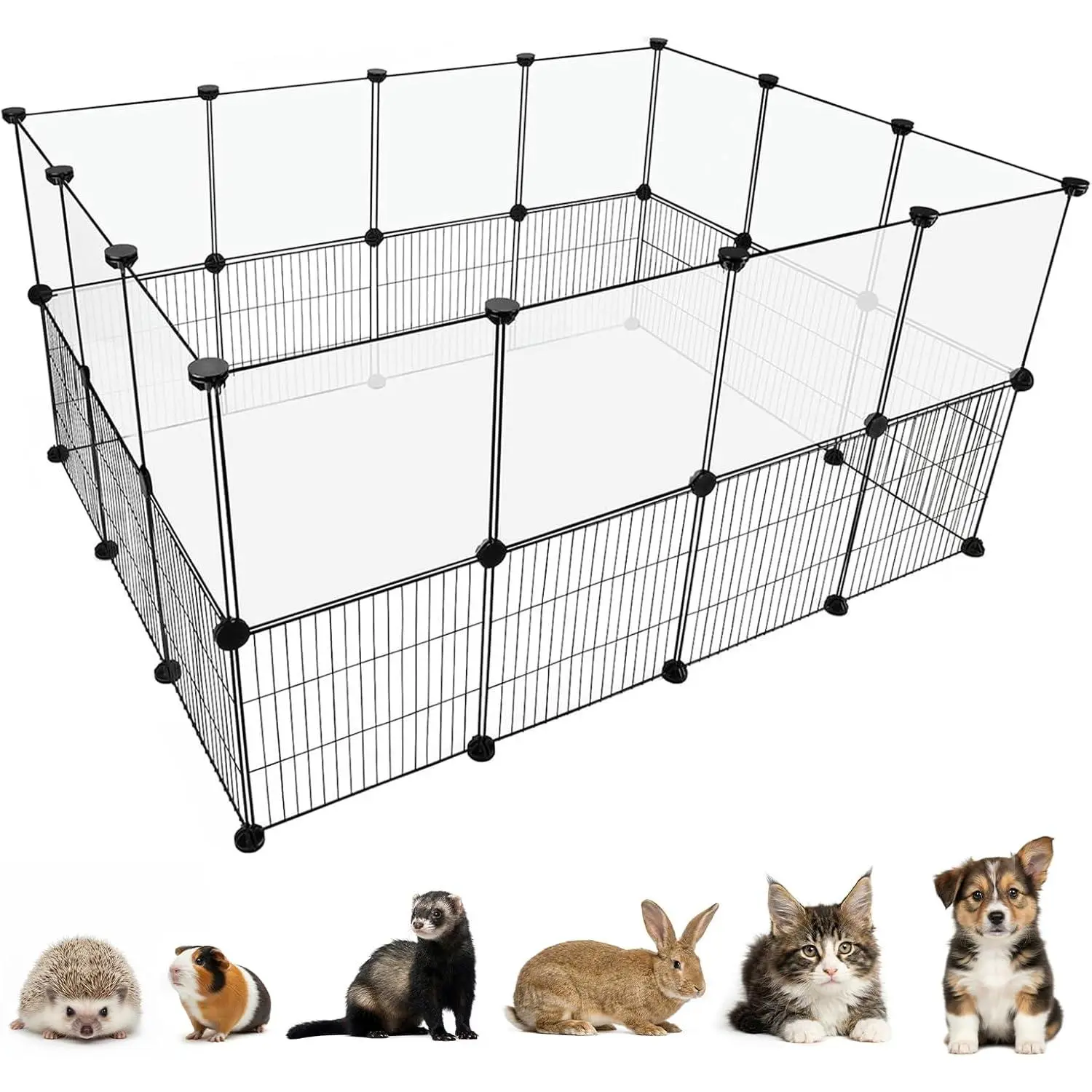 Pet Playpen Indoor, Transparent Clear + Wire Small  Playpen, 28 Panels (11.8") DIY Plastic Enclosure, Expandable Pet Fence Indoor for Guinea Pigs, Bunny, Hamsters, Hedgehogs, Puppies & Kittens