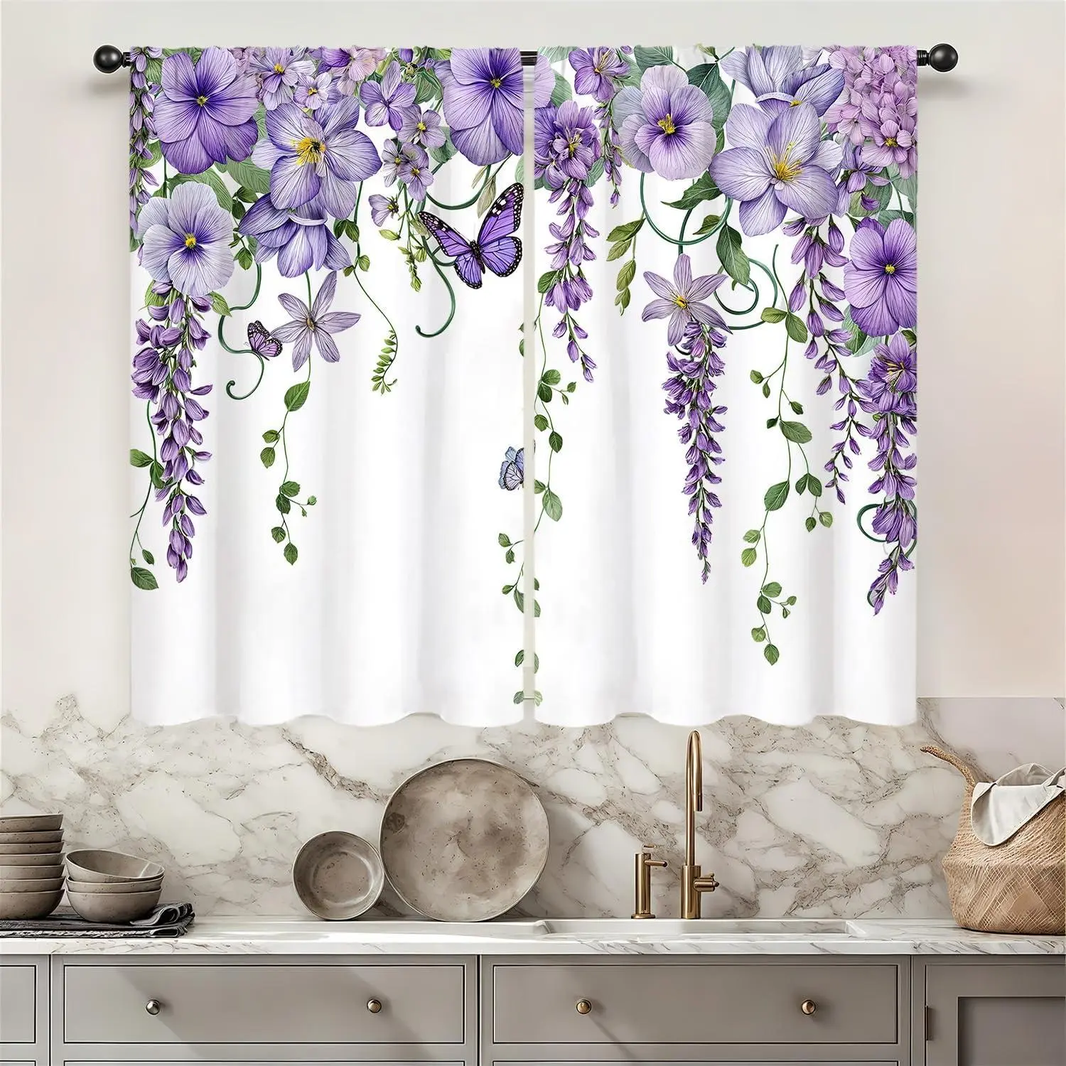 Vintage Retro Light Filtering Floral Plants Cafe Curtains - Purple Butterfly Lavender Spring Lilac Short Length Rod Pocket Drapes, 2 Panels (27.5W x 39L in), Stretch, Wrinkle-Resistant, Durable for Bathroom Decor Ideas, Two Panels
