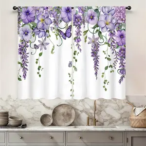 Purple Floral Butterfly Lavender Kitchen Curtains Rod Pocket Spring Lilac Flower Summer Small Short Cafe Tier Curtain For Bathroom Girl Window Treatment Drapes Decor(27.5W X 39L Inch 2 Panels)
