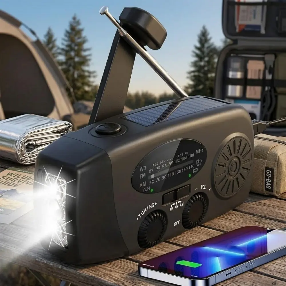 Multifunction Portable Emergency Radio Flashlight: Solar/Crank/USB Charging, 2000mAh Power Bank, AM/FM/WB/NOAA Weather Alert with Alarm, Bright LED, for Outdoor Camping Survival & Emergency Preparedness Kit, Durable & Lightweight.