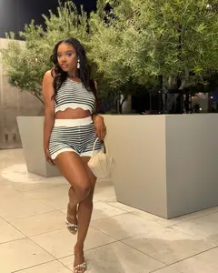 Women's Striped Knit 2 Piece Set Crochet Crop Top and Scalloped Shorts High Waisted Co-ord Summer Vacation Outfit