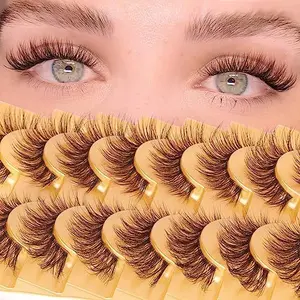 Brown Lashes Strip Natural Looking Cat Eye Lashes Brown Eyelashes Wispy Fluffy Clear Band Brown Eye Lash Pack 8 Pairs