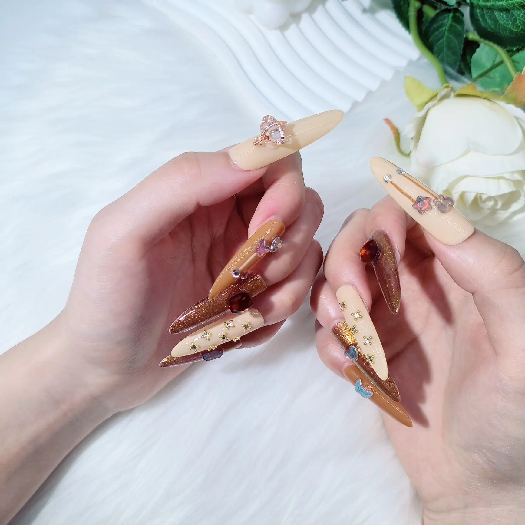 Press-On False Nails for an Instant Salon Look, Long Gradient Artificial Nails with Colored Gem Embellishments and Charms, Full Kit Included, Colored Rhinestone Embellishments Press On False Nails