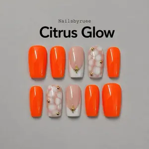 Nailsbyruee | Citrus Glow Press On Nails - Vibrant orange nails with creamy bubble art accents 10pcs