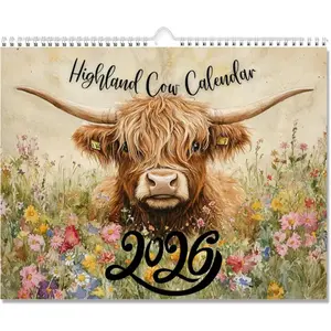 Highland Cow Calendar 2026 – Rustic Farmhouse Wall Art & Monthly Planner, Doodle Typography Calendar, 12 Month Wall Calendar, Scottish Highland Cow 2026 Wall Calendar for Animal Lovers (1 PC)