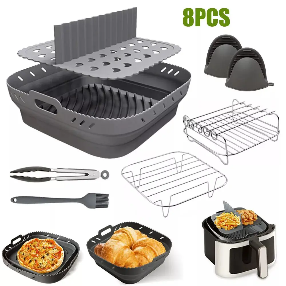 8-piece set for silicone cooking, microwave, and air fryers: includes an air fryer mat, square silicone baking tray, rack, heat-resistant tongs, basting brush, food tongs, and a foldable, reusable food-grade silicone air fryer basket—suitable for air frye