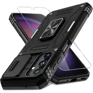 Case for Samsung Galaxy A16 5G with Slide Camera Cover+Screen Protector (1 Pack), Rotated Ring Kickstand Military Grade Shockproof Protective Cover-Black