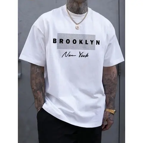 Men's Cotton Letter Print Crewneck Short-Sleeve T-Shirt - Regular Fit 90s Vintage Graphic Casual Top for Daily Summer Menswear, Crewneck Tee