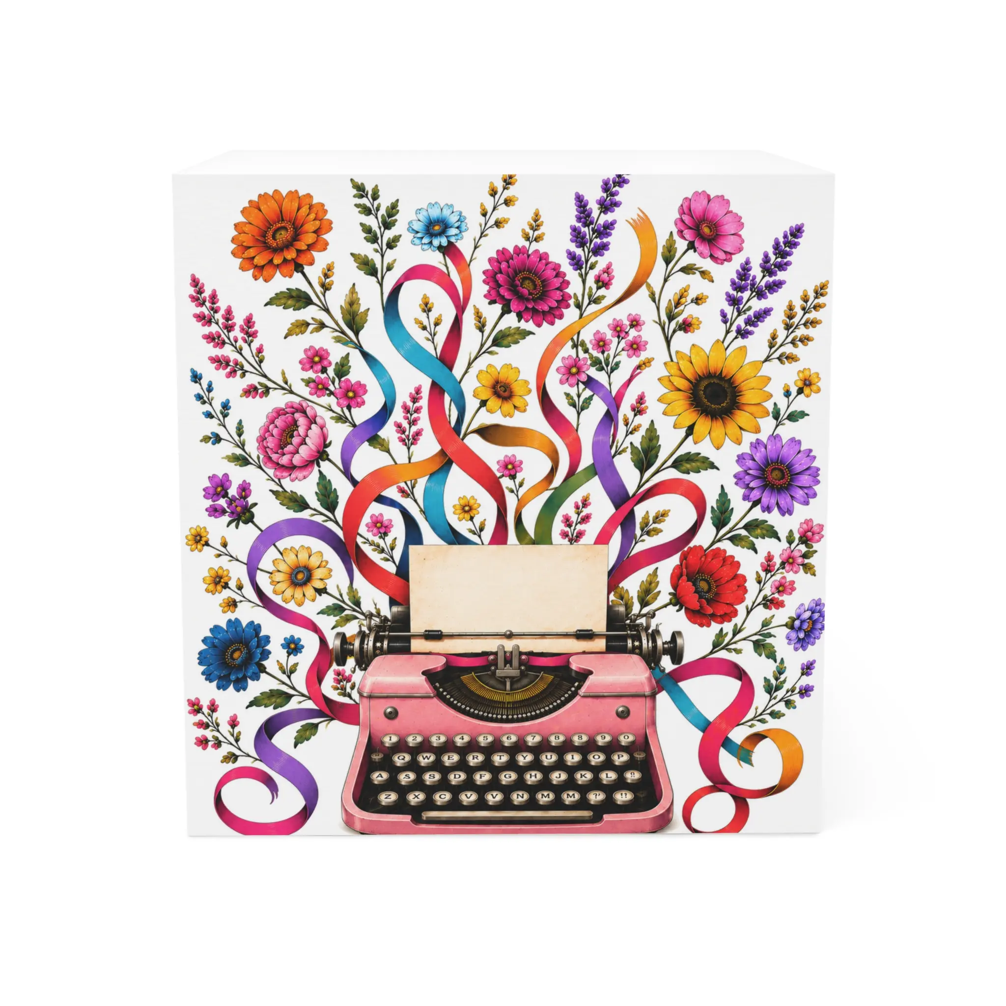 Vintage Pink Typewriter with Floral & Ribbon Explosion Note Cube | Desk Memo Block