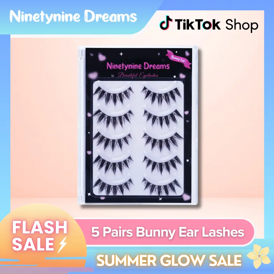 Ninetynine Dreams 5 Pairs Bunny Ear Lashes | Dramatic Spiky False Eyelashes Anime Manhua Douyin Style — Reusable Ultra-Thin Flexible Band Strip Lashes for Bold Glam Makeup Looks