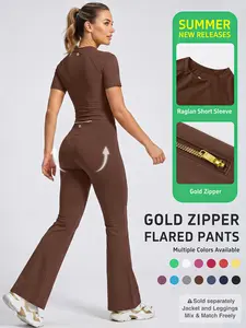 Uncia Active Women's Sports Sweat Suit - Raglan Short Sleeve Yoga Top & Gold-Color Zipper Flared Pants, High-Stretch Moisture-Wicking Skin-Friendly Outfit for Daily Exercise Try it