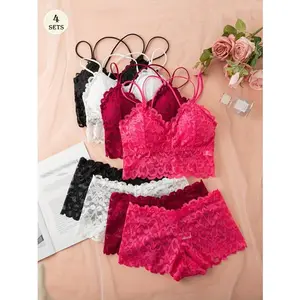 Women’s lace bras, set of four, paired with matching panties, soft and comfortable, lightweight, double elastic straps GARMENTARY