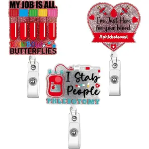 BY-329 Blood Phlebotomist Badge Holder - Hospital School Nurse Supplies, ID Badge Holder Clip with Bling Acrylic Patch, Name Tag Cilps Retractable for Healthcare Work Docters Students