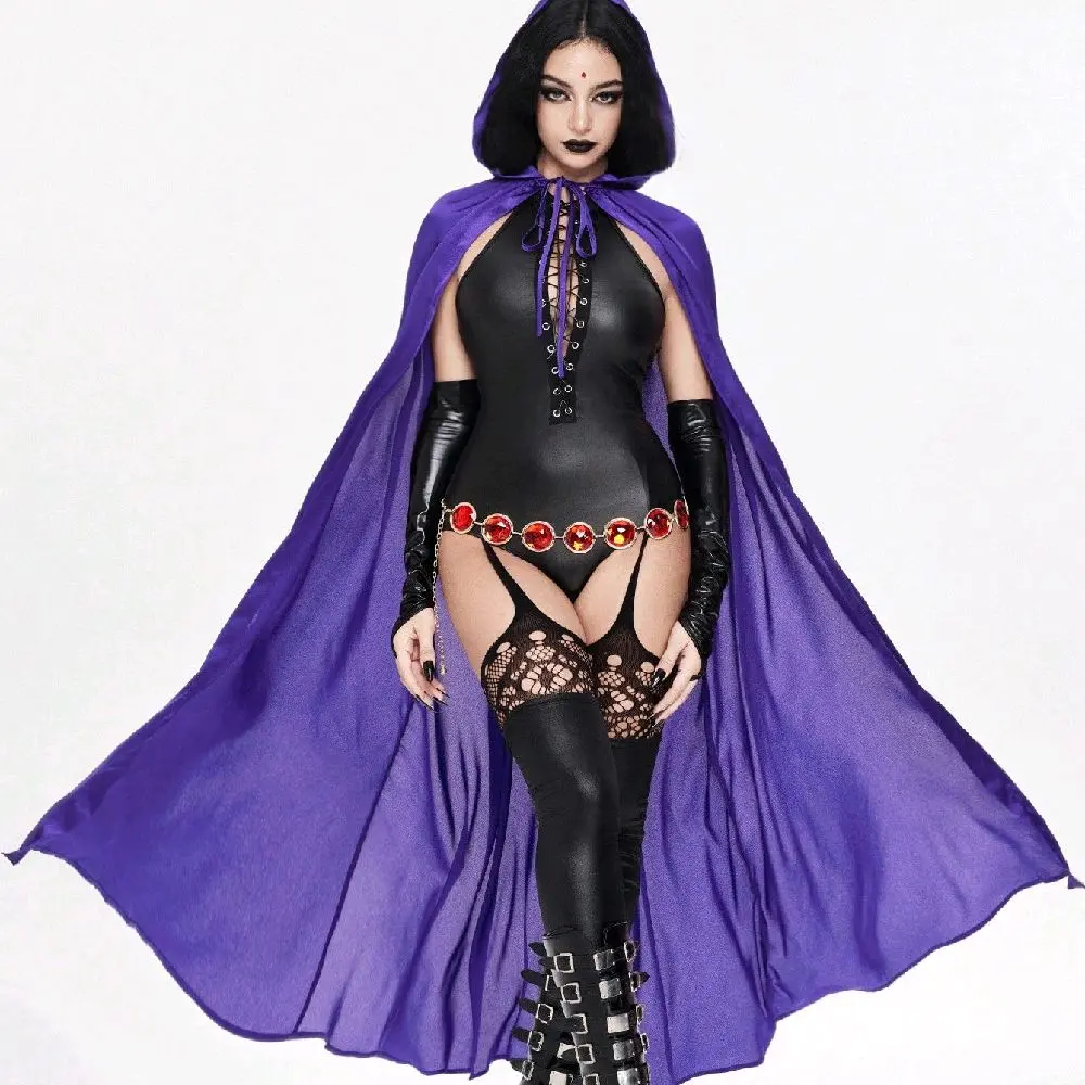2pcs Raven Halloween Costume For Women – Front Tie Jumpsuit With Purple Hooded Cape