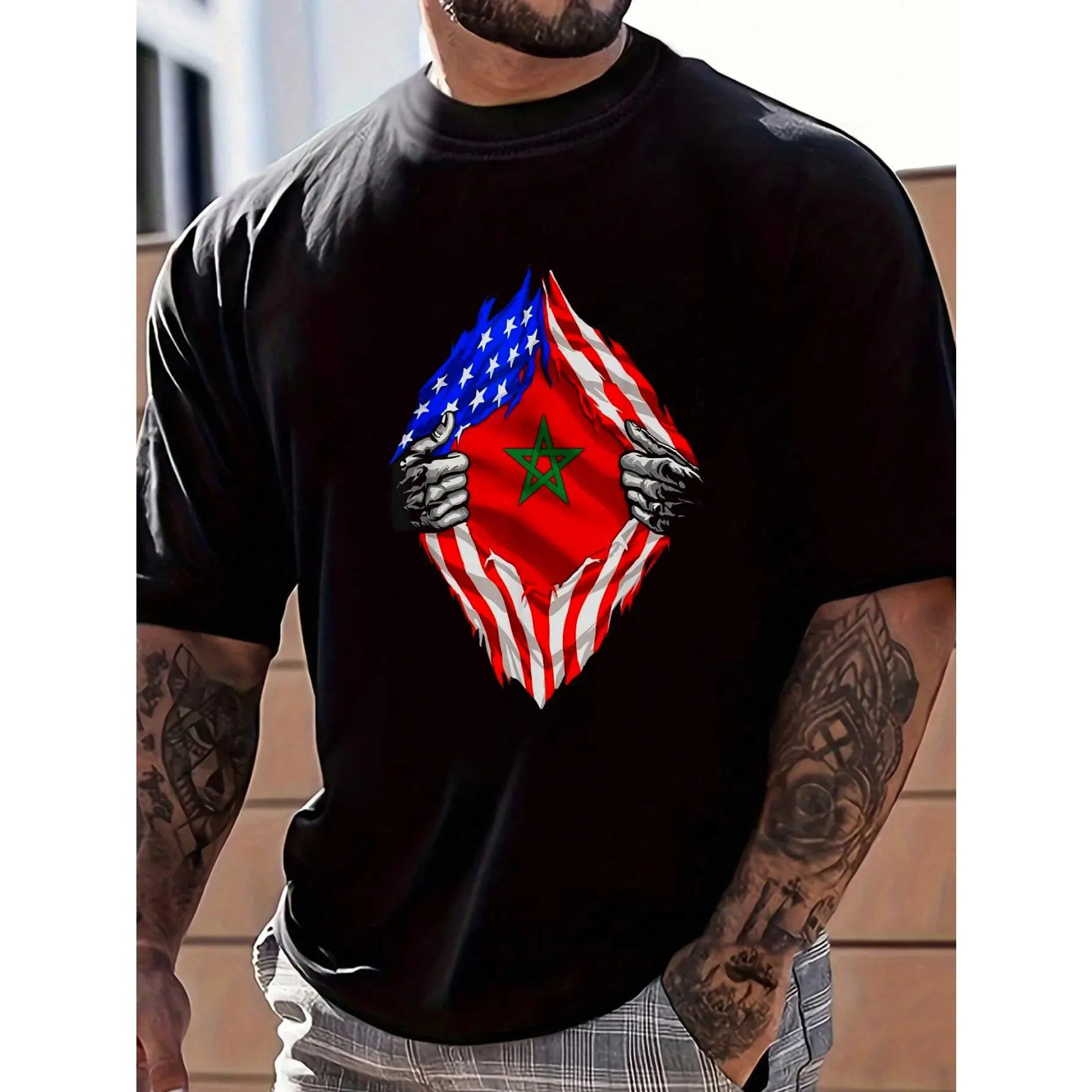 Men's 100% Cotton Streetwear T-Shirt - Vintage Moroccan Flag Graphic, Fitted Style, Short Sleeve Crew Neck, Distressed Breathable Casual Top with Floral Pattern