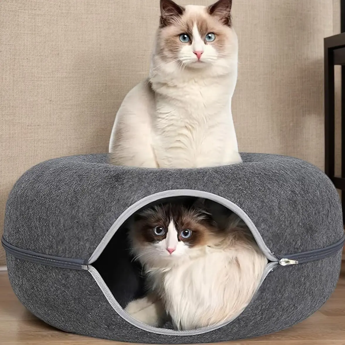 Cat Donut Tunnel Bed Large 24 Inch Plush Soft Fluffy Indoor Cave Scratch Resistant Supports 30 Lbs