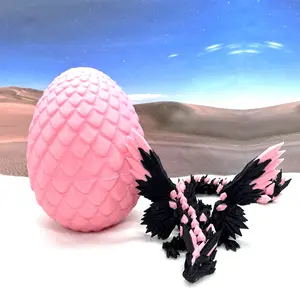 3D Printed Dragon with Wings, Crystal Winged Dragon and Dragon Egg, 8" Articulated Black and Pink Winged Dragon, Fidget ADHD Autism Toy Decor Magical