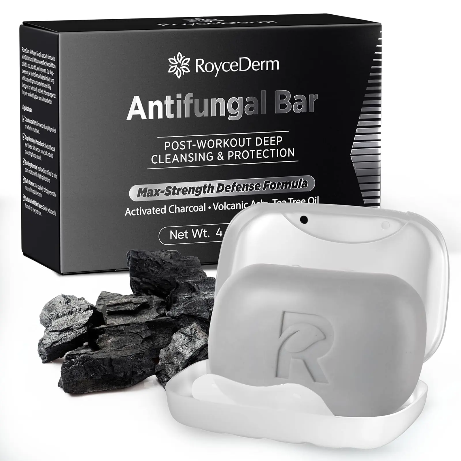Roycederm Antifungal Soap Bar - Helps with Athletes Foot, Jock Itch, Ringworm for Active Skin - Relieves Itching Burning Scaling and Discomfort with Tea Tree Oil, Charcoal & Volcanic Ash