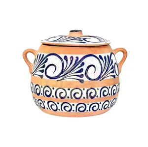 Canela Clay Pot With Lid 6 Quart Handcrafted Ceramic Olla De Barro Con Tapa Color Canela Blue Floral Design Mexican Tradition Grandma Rustic Cookware Pottery Traditional Kitchen