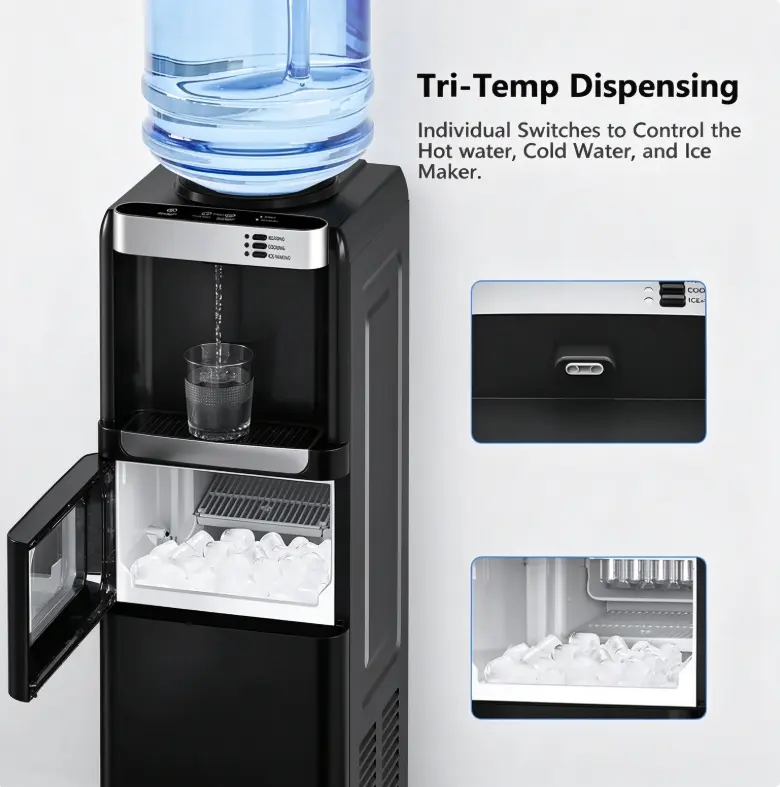 Top-Loading Hot & Cold Water Dispenser - 4L Capacity, 26lb Ice Maker for Ice Cubes, 5-Gallon Bottle Compatible, Child Safety Lock, 59°F Cold Refresh, Empty Bottle Alert, Black (Top Loading Water Coolers & Dispensers for Home, Apartment Setup)