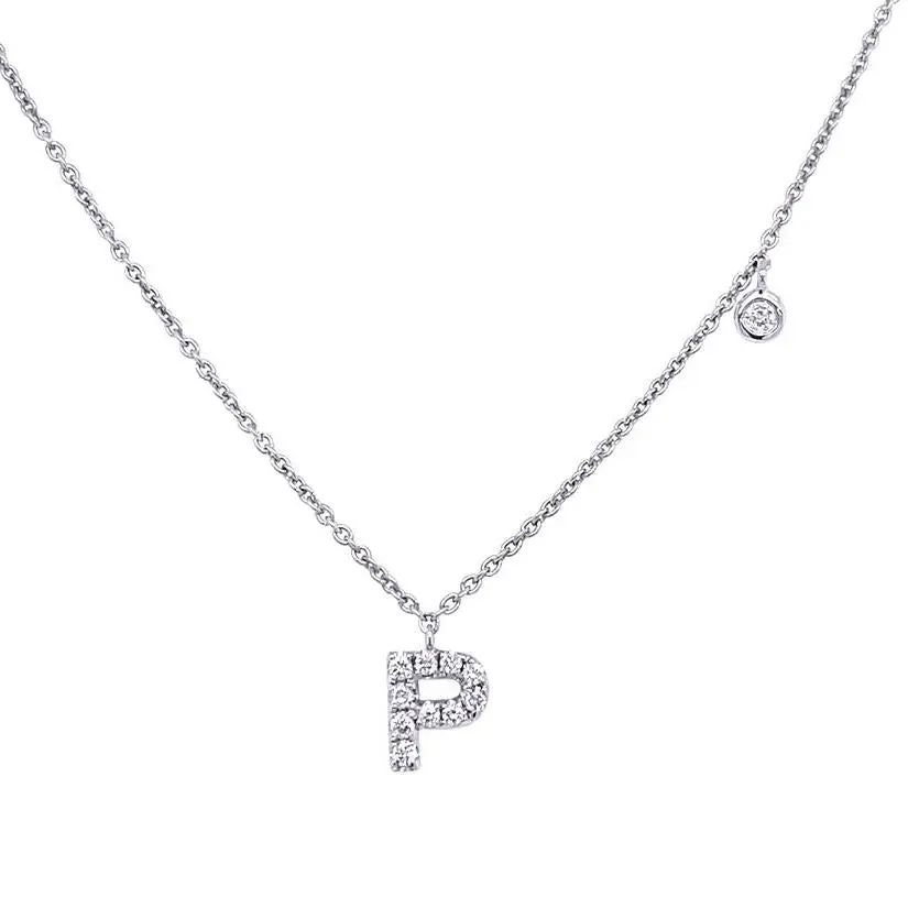 Diamond Initial Necklace "P", 14k White Gold