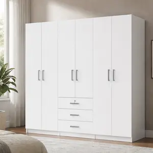 ARCH 6-Door Wooden Wardrobe Storage for Bedroom with Big Drawers, White Plywood Freestanding Closet Organizer, Large Capacity Wardrobe Cabinet with Drawers, Modern Bedroom Furniture Set, 70.9x19.2x68 Inches, Particle Board+MDF/Plywood Material