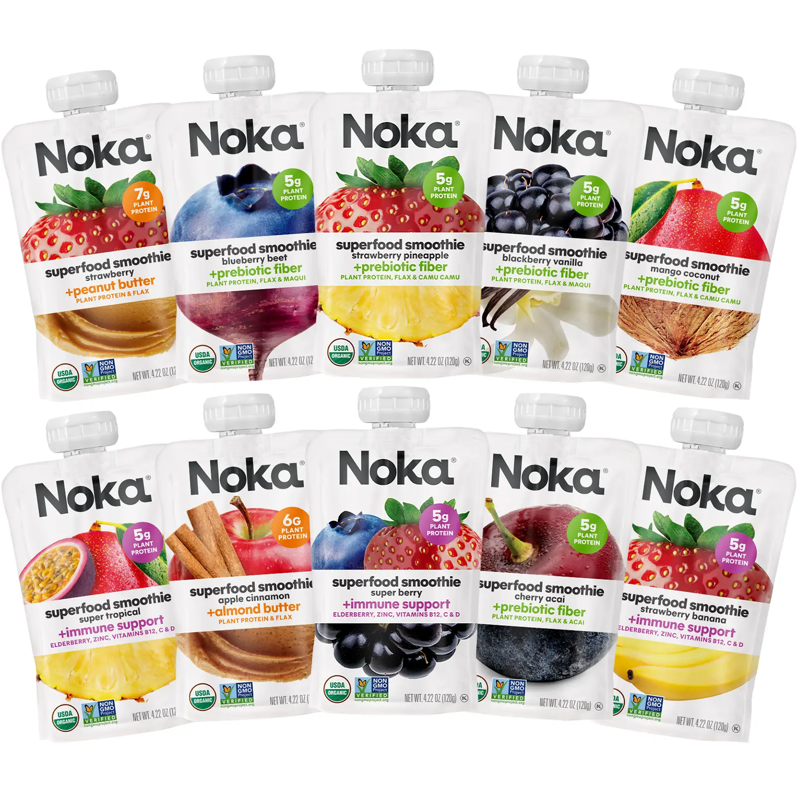 Noka Superfood Fruit Smoothie Pouches, Plant Protein and Prebiotic Fiber, Vegan and Gluten Free Snacks, Organic Squeeze Pouch, 4.22 oz, 6 Packs Smooth