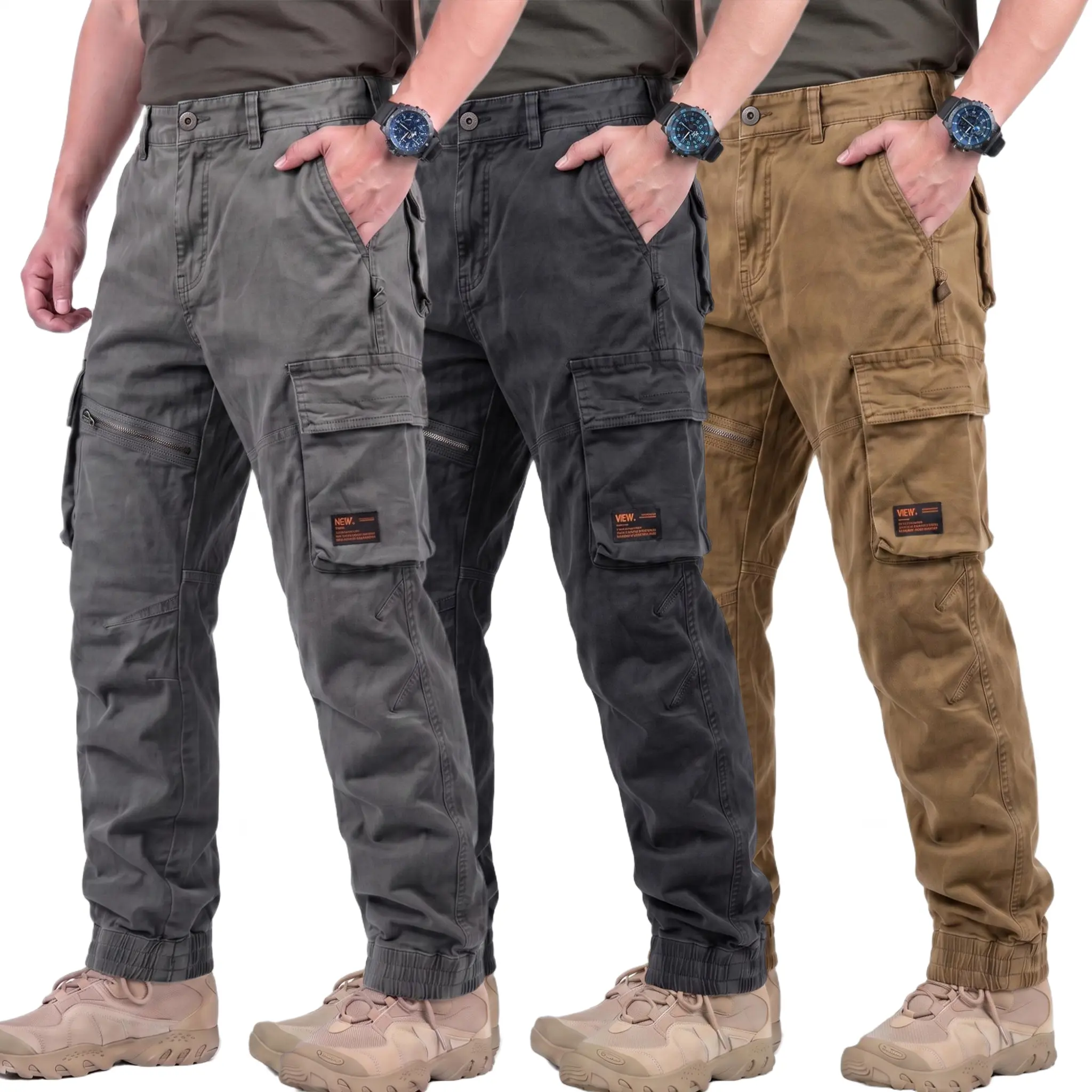 American-style functional pure cotton multi-pocket tactical cargo pants with side zipper cargo pockets, cuffed legs, men’s commuter casual workwear pants