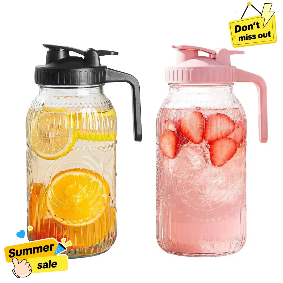 【SummerSale】Vintage Half Gallon Mason Jar Pitcher Large 64 oz Wide Mouth with Lid - 2 Quart Airtight Glass Jug for Water, Juice, Milk, Tea, Iced Coffee and Drinks