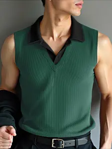 INCERUN Men's Knitted Patchwork Colorblock Collar Fake Two-Piece Design Turn-Down Vest, Perfect for Daily Wear, Stylish and Comfortable