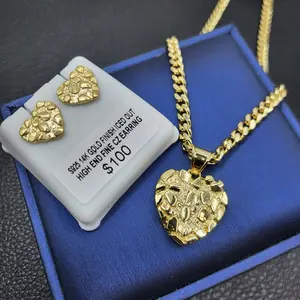 14K Gold Plated Brass Golden Nugget Heart Screw Back Fashion Earring Earrings & 20" Necklace Gift Set Daily Birthday Engagement Wedding Anniversary Unisex Men Women