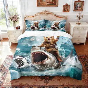 Three-piece bedding set is interesting and funny, shark-riding cat print (1 set +2 pillowcases, no core), personalized bedding, suitable for high-end bedrooms of various size to meet different needs