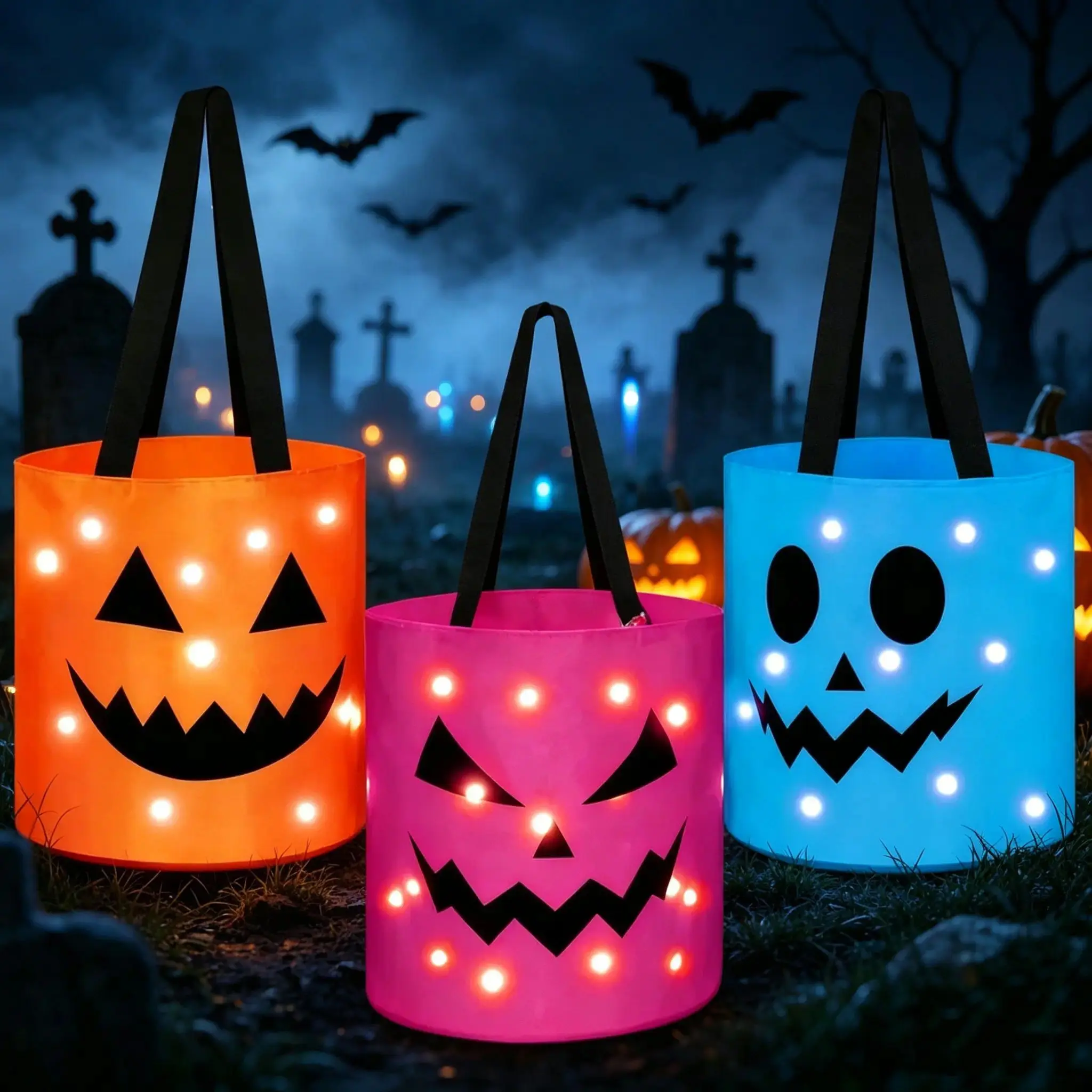 Unisex Light-Up Paper Halloween LED Glow Pumpkin Trick-or-Treat Bag, Reusable Candy Bucket, Spooky Portable Party Treat Basket for Kids