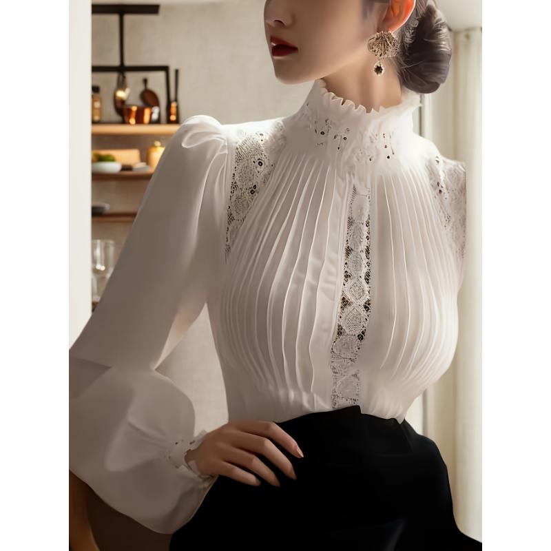 Women's Elegant White Sports Shirt - Lace Trim Ruffled Turtleneck & Bubble Sleeves, Breathable Machine-Washable Top for Casual or Active Wear,Casual Elegant Wear | Lace Detail Shirt | Elegant Design, Lace Blouse Fabric Womenswear