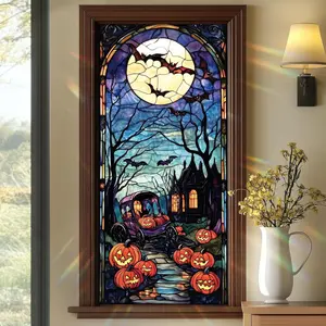Halloween Stained Glass Window Film 17.71x39.97 Inch Pumpkin Carriage Ghost House Scene Static Cling Window Sticker with Bats Full Moon for Halloween Decorations Glass Door Party Decor