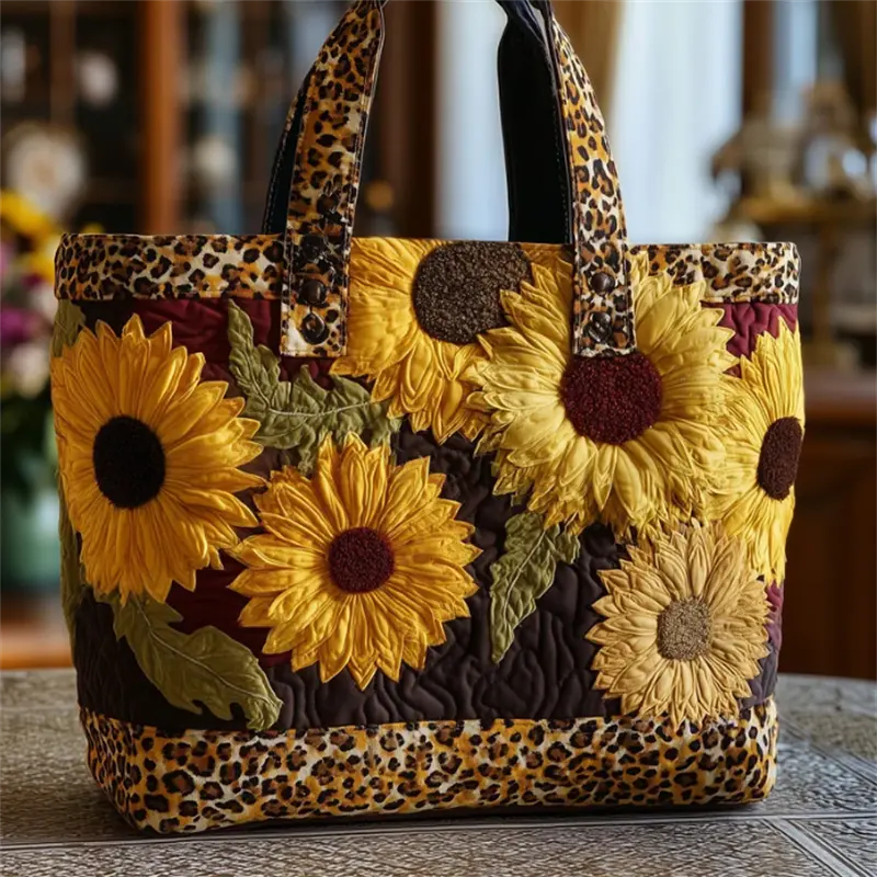 Women Quilted Tote Bag, Sunflower Leopard Patchwork Print Shoulder Handbag, Large Capacity Farmhouse Style Shopping Bag, Rustic Western Floral Art Tote Purse for Daily Grocery Travel