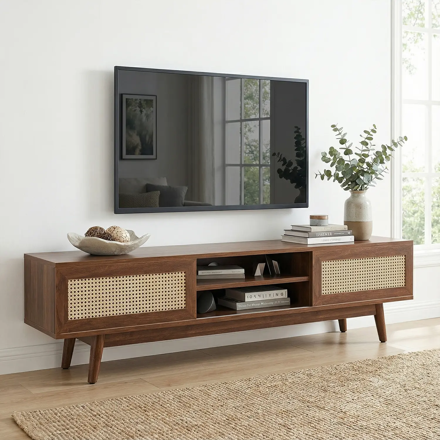 Spaco Mid-Century Modern Boho Rattan TV Stand – 75" Wood Entertainment Center with Storage, Media Console for Living Room, Features Cable Management, Tv Shelf, Tv Console Cabinet