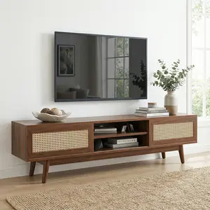Spaco Mid-Century Modern Boho Rattan TV Stand – 75" Wood Entertainment Center with Storage, Media Console for Living Room, Features Cable Management