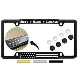 Duty Honor Courage Thin Blue U.S. Flag - Domed Custom-Made Personalized Narrow (Thin) Top 4 Hole Metal Car License Plate Frame with Free caps