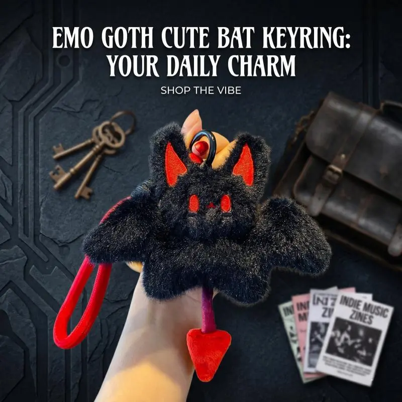 Funky Goth Bat Plush Keychain - Cute Dark Kawaii Emo Aesthetic Pendant, Keychain Inspo, Spooky Festive Party Favor for Teens, Mini Backpack Accessory