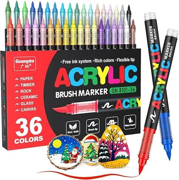 High-quality 36-Color Acrylic Marker Set, Odorless Eco Safe Pigment, Waterproof Wearproof Brush Tip, Precise Direct-Liquid Ink Control, Ideal for Kitchen Utensils, Rock and Canvas Art